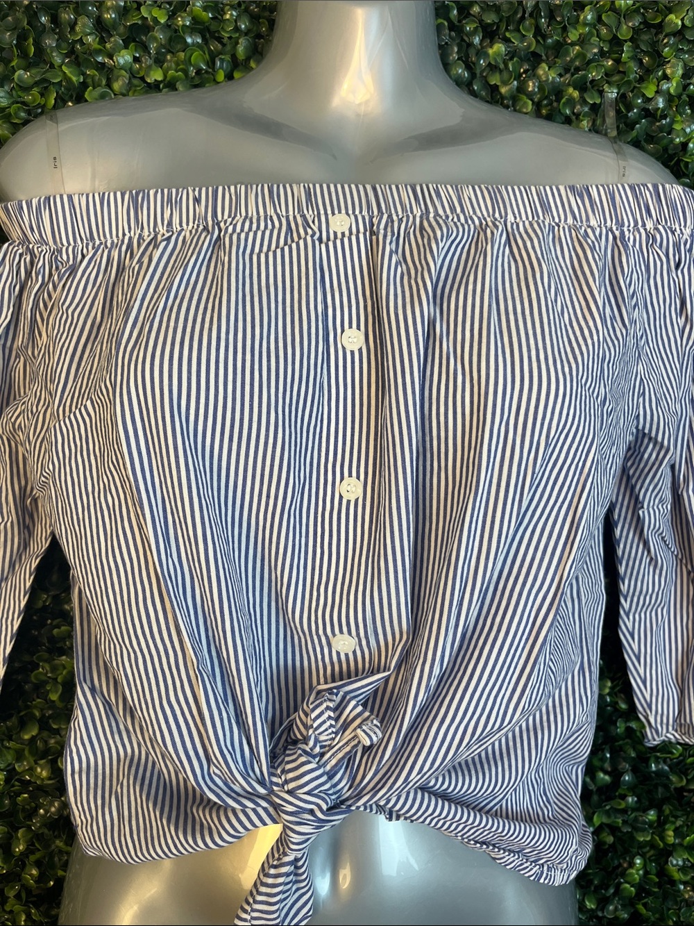 Off-Shoulder Blue and White Stripe Tie-Front Women's Top